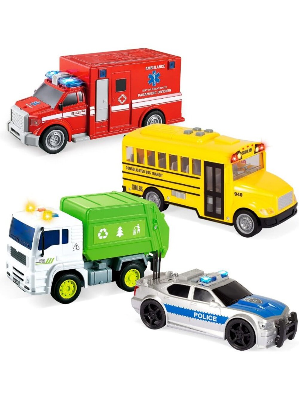 4 Pcs Friction Powered Emergency Vehicle Toy Set with Lights & Sounds - Police